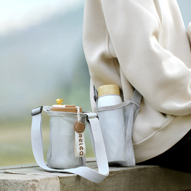 아몽스타 물병 텀블러 끈조절 매쉬 파우치 크로스 가방, 1개, 그레이