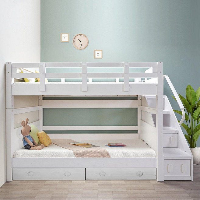 [에보니아] 하이디 슈퍼싱글 계단형 원목이층침대 하부서랍포함 (매트리스 옵션선택), 계단측면형_메모리폼매트포함_화이트워시