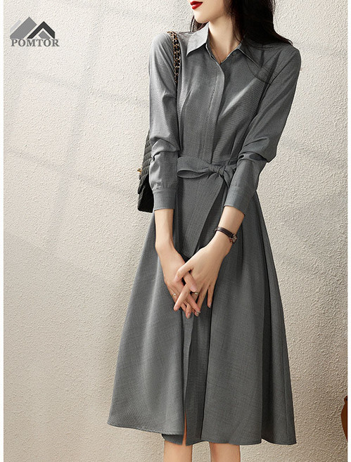 POMTOR 여성 긴팔 원피스 오피스룩 미디원피스 정장 하객 셔츠원피스