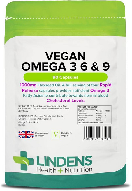 영국 린든 Lindens Vegan Omega 비건 오메가3 6 9 아마씨 플랙씨드 1000mg 캡슐, 1개, 90정