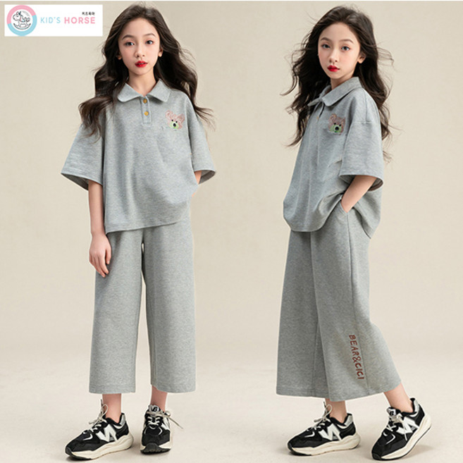 키즈목마 여아 곰돌 카라티 밴딩바지 세트 초등학생 초중생 반팔티 주니어 와이드 팬츠 투피스 922