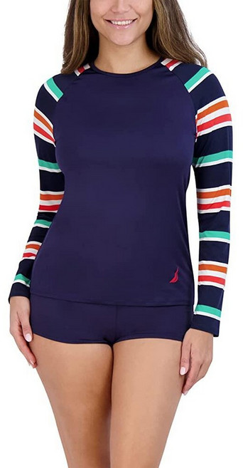 Nautica 여성용 긴소매 래쉬가드 - 빠른 건조 UPF 보호 수영 셔츠 수영장 해변 하이킹 요가 배구 심해 S 172899, XL, 프렙 스트라이프