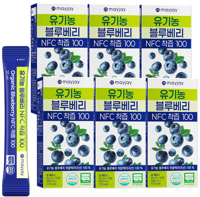 유기농 블루베리즙 100% 착즙 NFC 주스 스틱 메이제이, 6박스, 300ml