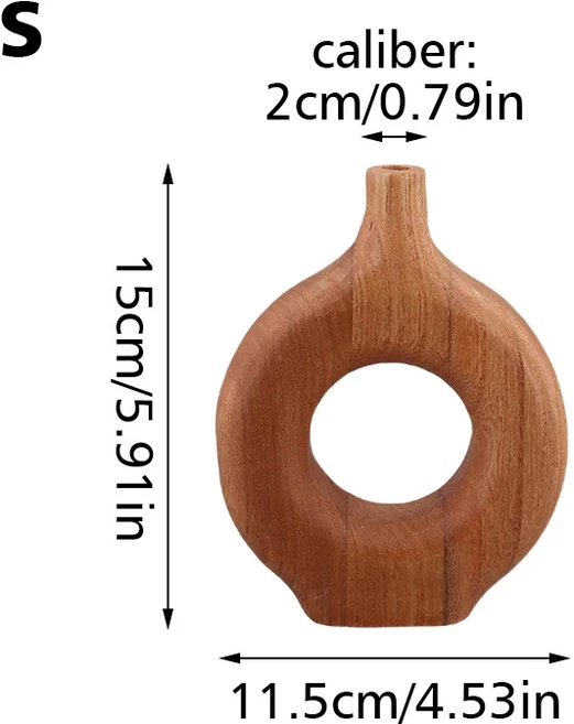 북유럽 스타일 단단한 나무 꽃병 도넛 디자인 나무 화분 꽃병 꽃꽂이 탁상 장식품 거실 홈 장식, 01-S
