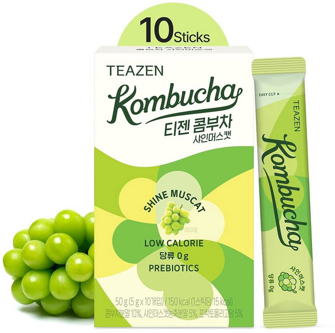 티젠 피치 콤부차 차 수분 음료 믹스 무설탕 라이브 프로바이오틱스 및 프리바이오틱스 스틱 10개 1.76온스, Shine Muscat, 5g