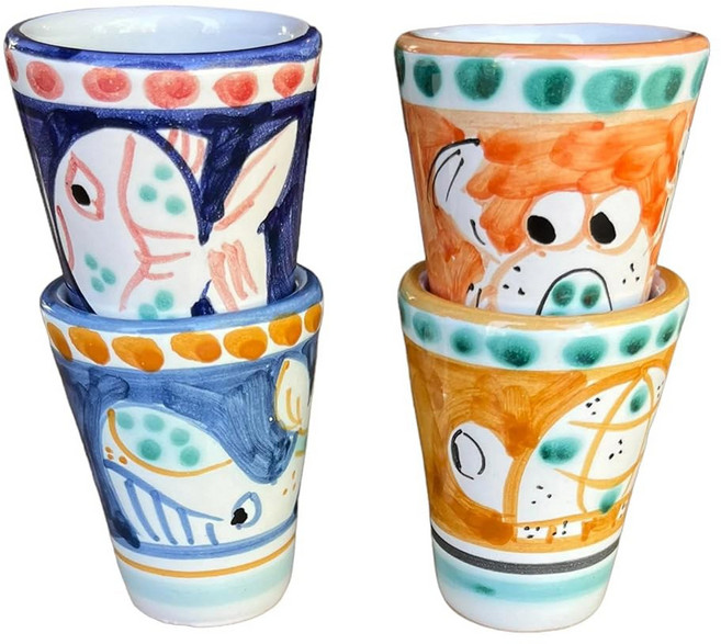 이탈리아산 수제 도자기 리몬첼로 잔 4종 세트 1.25온스 - 개구리 고래 게 거북이 샷 컵 장인 지중해