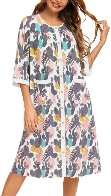 YOZLY Cotton House Dress for Women 3/4 Sleeve House Coats Dusters Robe Moomoo Nightgowns with Pock, Floral Leaves