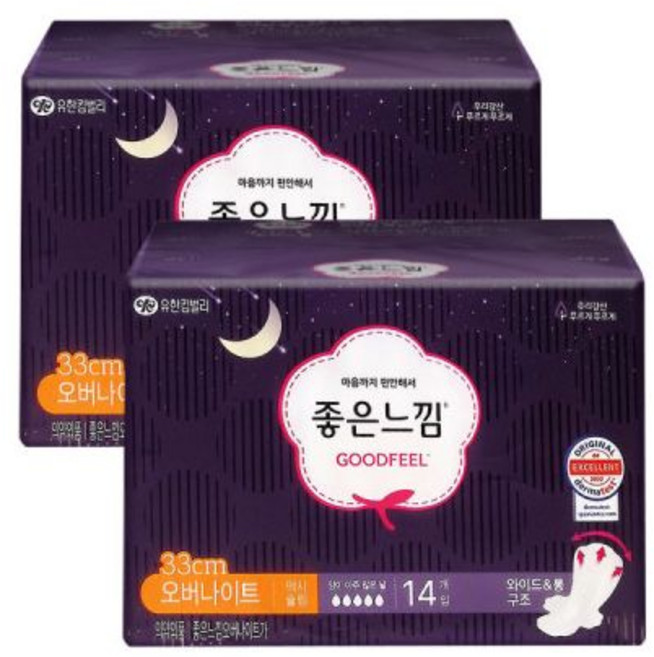 좋은느낌 생리대 오버나이트 14매(개입) X 2팩_날개형_33Cm, 14