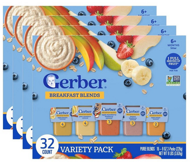 Gerber 거버 2단계 브랙퍼스트 블렌드 32p 버라이어티팩 3.62kg, 4개, 사과 바나나 딸기 블루베리 망고