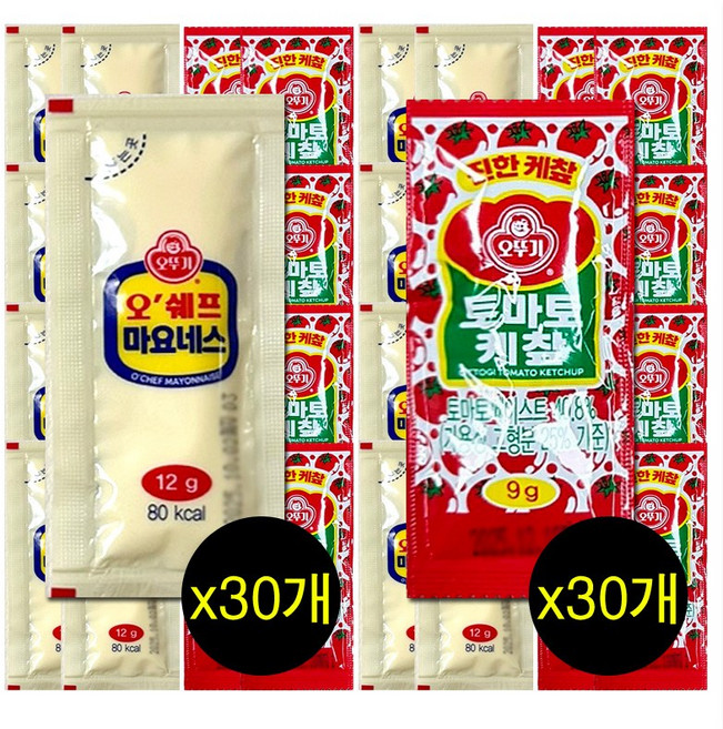 오뚜기 1회용 마요네즈 30개 + 토마토 케찹 30개 휴대용 소스, 9g