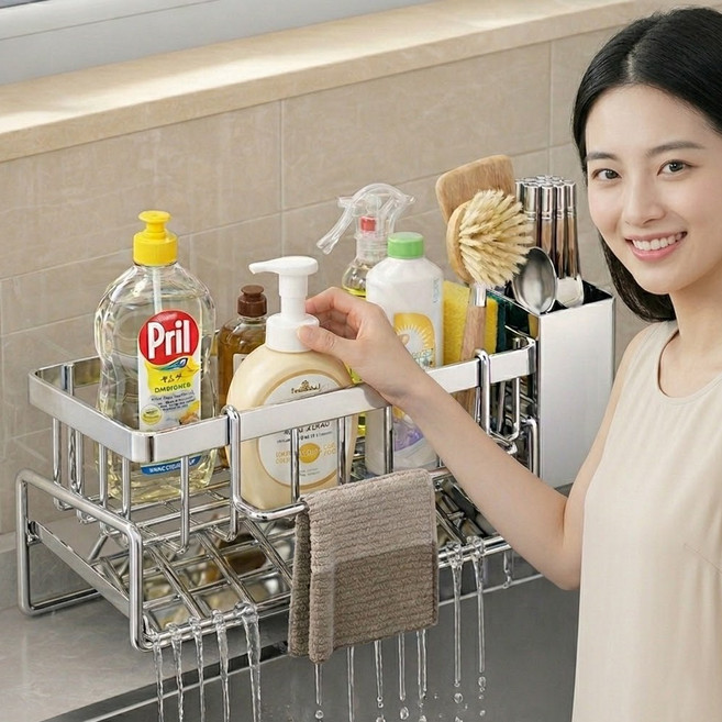 304 스테인레스 물빠짐 수세미 거치대 디스펜서 + 수저통, 1개