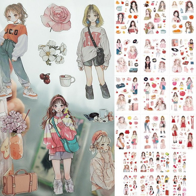 20장 플라워걸 소녀 감성 일러스트 패션 스티커북 인물 다꾸 대용량 방수, 1개, 체리로즈