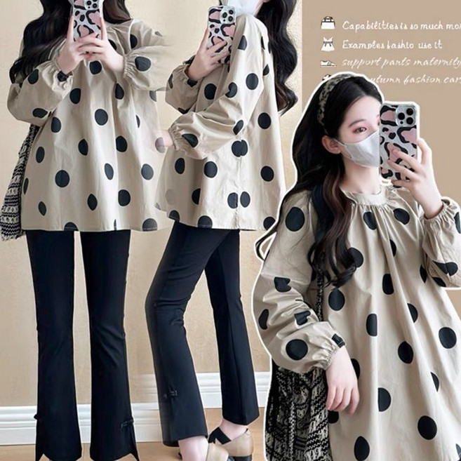 임산부 긴팔 티셔츠 봄 가을 임부 캐주얼 도트 프린트 긴팔티 루즈핏 슬림핏 셔츠 상의 YHY