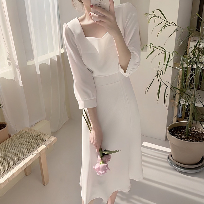 여성 스퀘어 넥 뒷 리본 벌룬 원피스