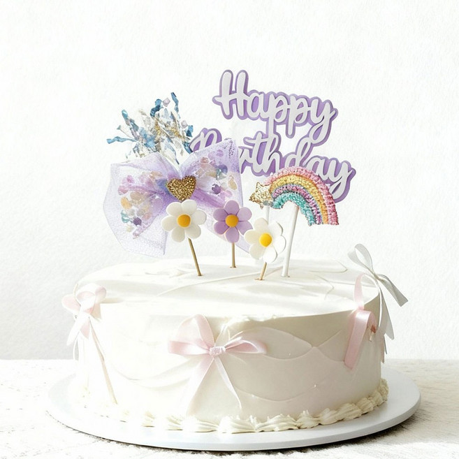 생일케이크장식 케이크토퍼 생일파티 데코픽 무지개토퍼 리본토퍼 파티용품 케이크데코세트 생일파티꾸미기 1세트 6종 토퍼, 1개, 스노우퍼플