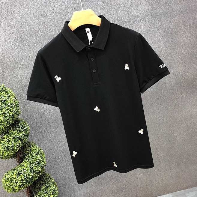 곰돌이 자수 멋스러운 터틀넥 프리미엄 테니스 셔츠 남 트렌드 세터 여름 리더 티셔츠 남 패션 반팔