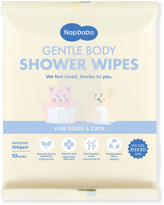 냅다다 젠틀바디샤워티슈 강아지 고양이 목욕 물티슈 대나무원단 100gsm, 1개, 10개입