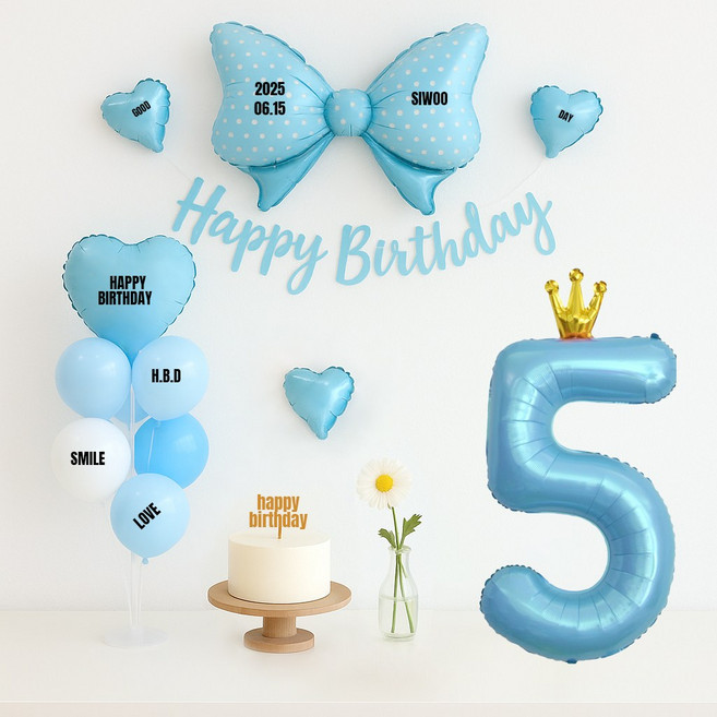 해피제이니 핑크앤블루 대형리본 숫자풍선 생일파티 가랜드 풍선 파티세트(프리레터링시트지 포함), 1세트, 블루리본 5번