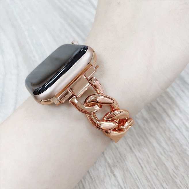 不銹鋼鍊式金屬錶帶，適用於 Apple Watch 38/40/41/42/44/45/49mm, 1個, 玫瑰金-贈錶帶調整器,42/44/45/49mm共用