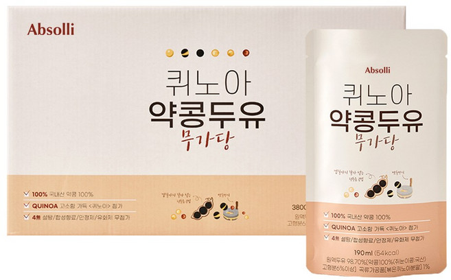 앱솔리 퀴노아 국산 약콩두유 무가당, 190ml, 20개