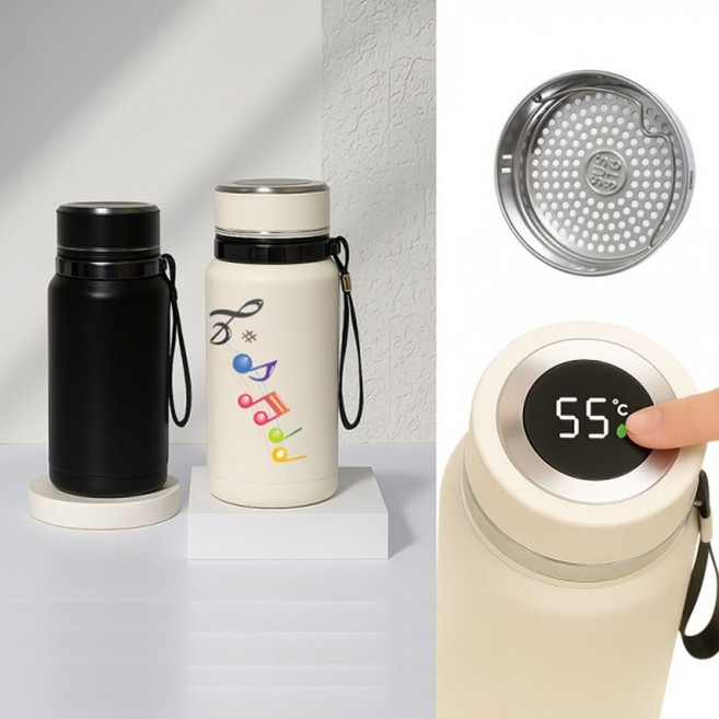 리얼316 온도텀블러 600ml 스텐텀블러 온도표시 차거름망 보온보냉병 인쇄이중진공텀블러 대용량텀블러 손잡이텀블러 보온보냉병 보온병 보냉병, 1개, 블랙
