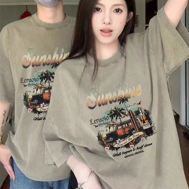 커플 반팔 티셔츠 여름 캐주얼 라운드넥 상의 루즈핏 기질 커플룩 티셔츠 투피스 세트
