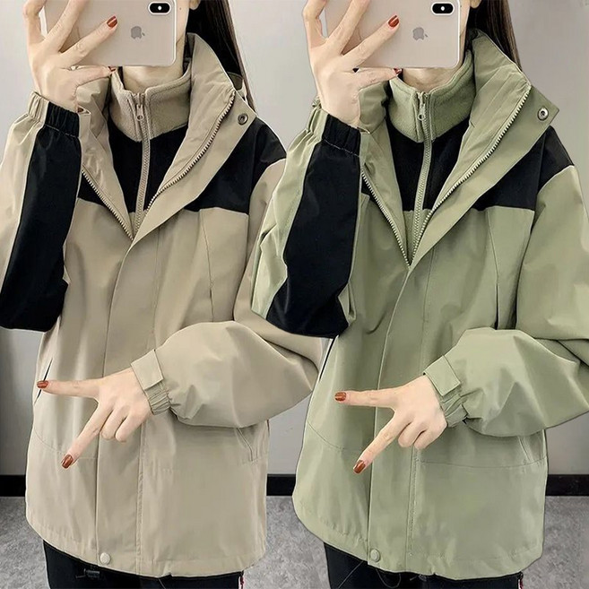 아웃도어 방한방수 융털 바람막이 점퍼 남녀공용 탈부착 레이어드 기모 등산복 코트 여성자켓