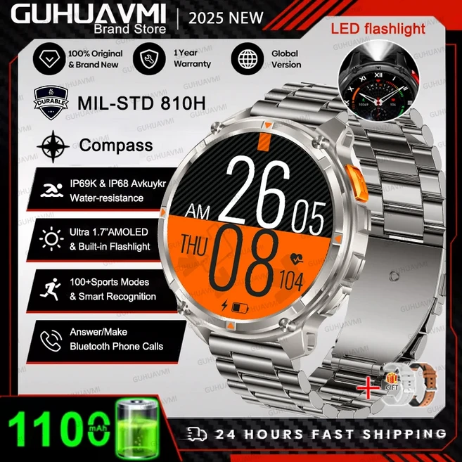 새로운 T-Rex3 울트라 1100mAh 배터리 군용 스마트 시계 HD AMOLED GPS 나침반 5ATM 방수 스포츠 트래커 피, 01 1100mAh Big Battery, 01 Silver Steel 2A