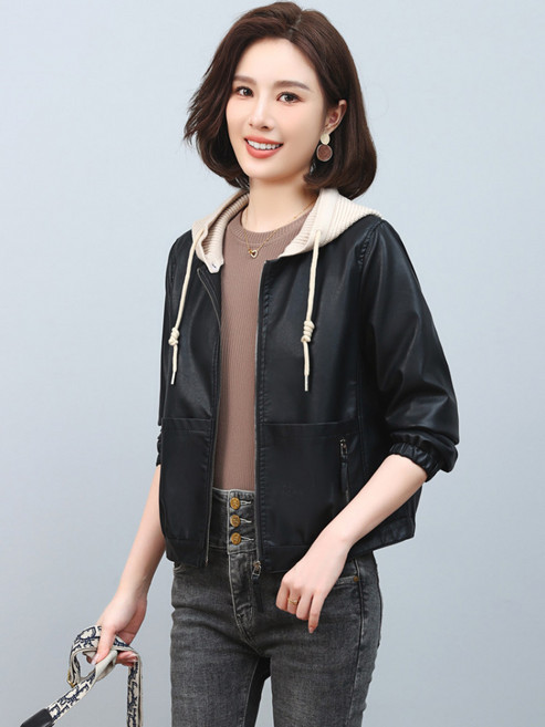 해피유통 여성용 봄가을 캐주얼 후드 짧은 가죽 재킷 PU 레더 점퍼