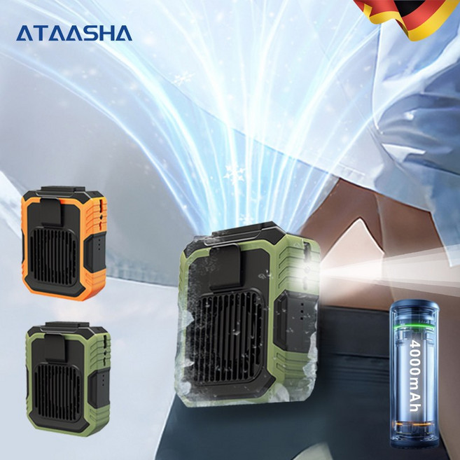 Ataasha 휴대용 허리선풍기 무선 냉각 선풍기 4000mAh 보조 배터리/LED 무드등/클립형, 그린