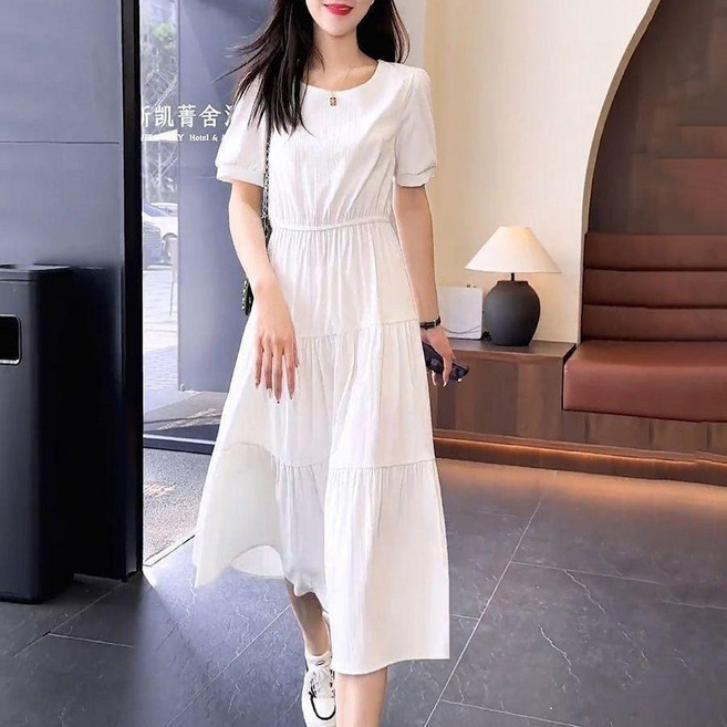 短袖連衣裙, 白色 裙子,3XL 64.5-69.0公斤, 白色