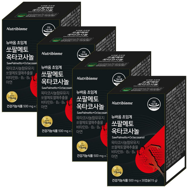 뉴트리바이옴 논스톱 초임계 쏘팔메토115mg + 옥타코사놀 남성영양제 지구력 쏘팔 소팔 전립선 코사놀 영양제 로르산함유 남성활력 식약처인증, 4개, 30정