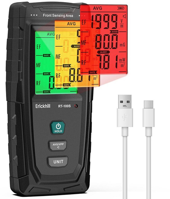 ERICHILL EMF 미터 전기 및 자기장 감지 LCD 디스플레이가 장착된 휴대용 디지털 감지기 사운드 라이트 알람 가정 사무실 가전제품용 충전식 배터리(파란색), Black, 1개