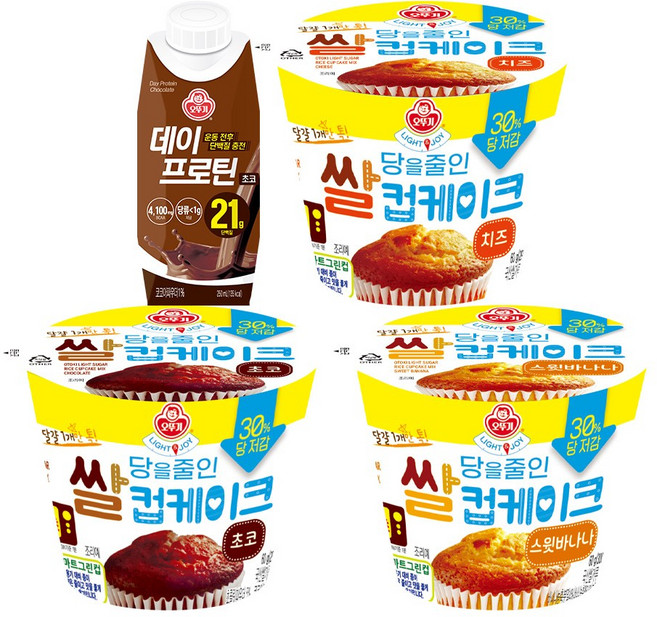 오뚜기 프로틴&저당 간식세트 (데이프로틴 초코 250ml 18개 + LIGHT&JOY 당을 줄인 쌀컵케이크 각 3개씩(초코/스윗바나나/치즈))