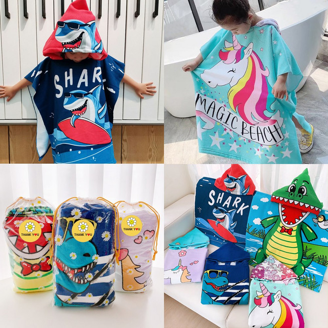 [KC인증] 유아 비치가운 어린이 입는 비치타올 초등 후드 비치 판초 남아 여아 물놀이 웨어