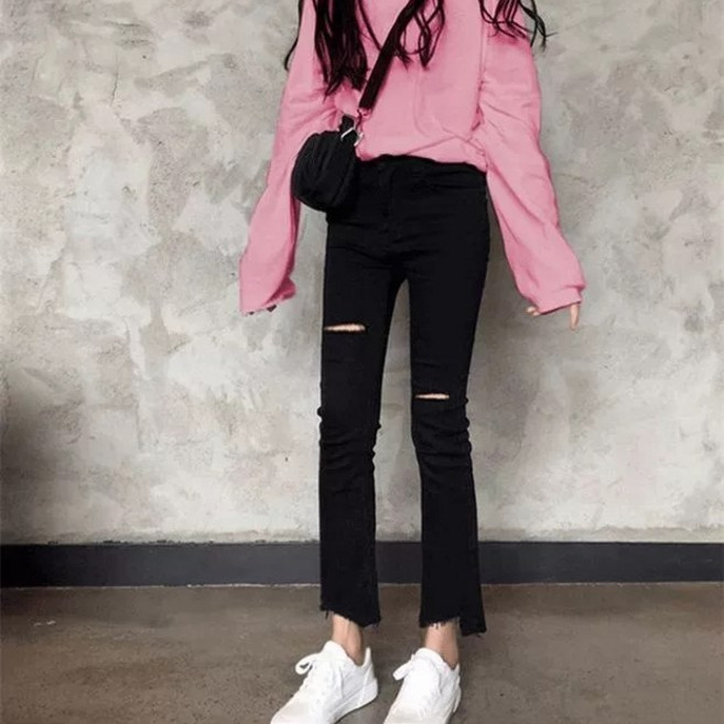 쁘띠꼬모 블랙진 데님 진 와이드 스판 부츠컷 9부 바지 여자 흑 청바지 슬림핏 여성 검정 스키니진