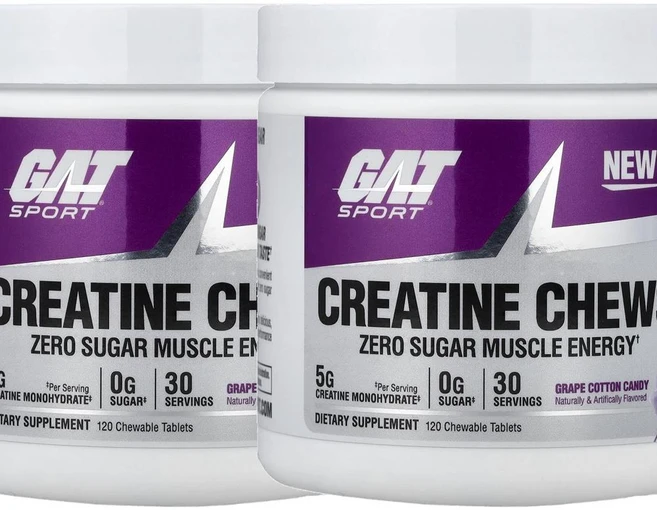GAT 스포츠 크레아틴 츄 그레이프 코튼 캔디 Sport Creatine Chews Grape Cotton Candy 120정, 2개 - 쿠팡