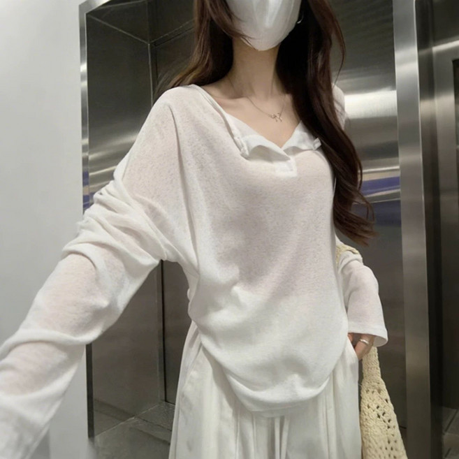 페이준 여성 여름 캐주얼 브이넥 자외선 차단복 얇은 루즈핏 티셔츠 심플 데일리 긴팔 티셔츠 ZZ1362