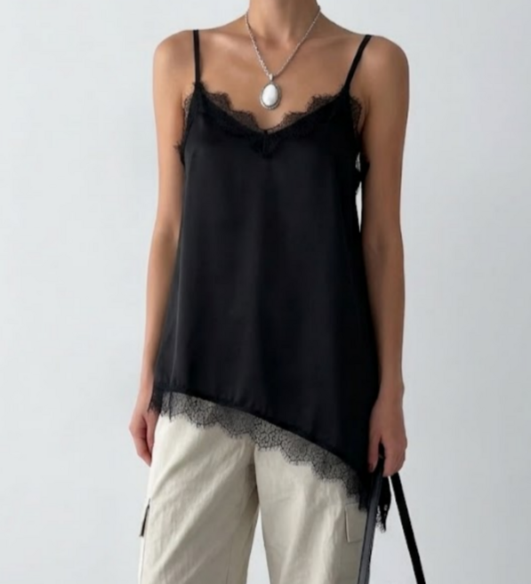 LIONHU [국내제작] 새틴 레이스 슬립 원피스 끈조절 샤틴 언발 사선 레이어드 뷔스티에