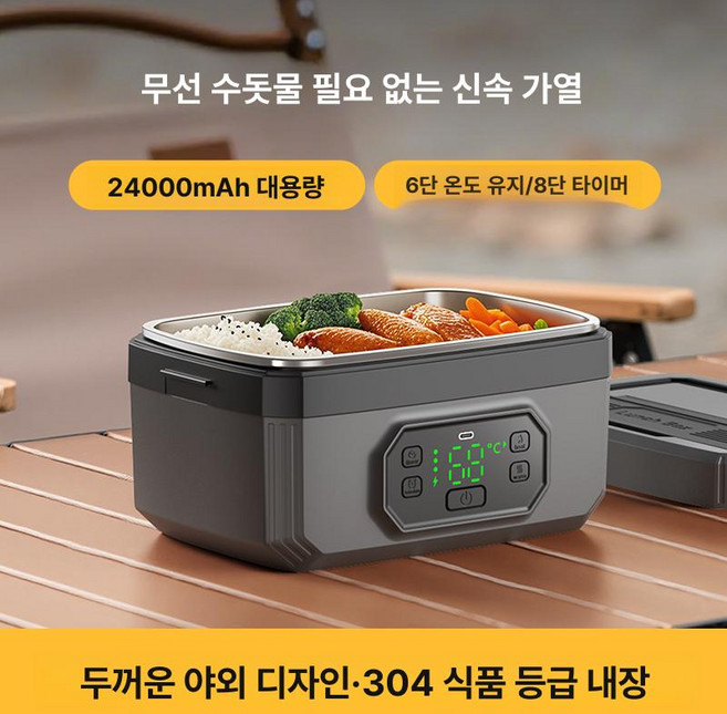 전기없이 물없이 USB 충전식 무선 전기 보온도시락 / 학생 직장인 가열 겨울 도시락통, 1개, 24000mAh 1600ml