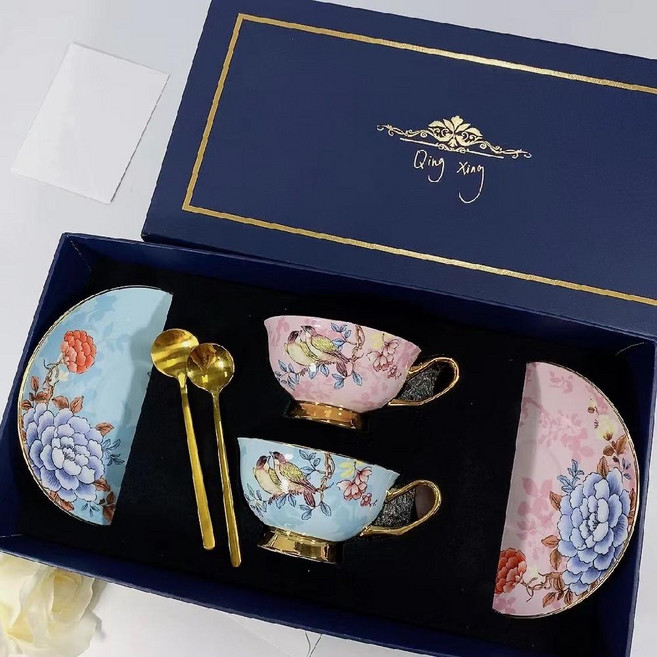 홍차잔세트 찻잔 빈티지 앤틱 찻잔세트 도자기 세트, 1. 컵 접시 2개 (파랑), 1개