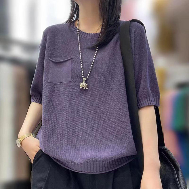 패션 중년 여성 라운드 티셔츠 빅사이즈 루즈핏 반팔 니트 5부 소매 티셔츠 여름 여성 반팔티 상의 YSQ