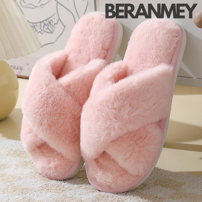 Beranmey 크로스 토끼털 슬리퍼 털신발 여성