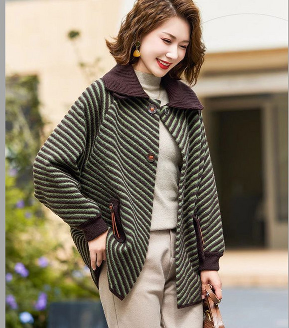 AOKADA 중년 여성 가을 카라 스트라이프 트위드 코트 아우터