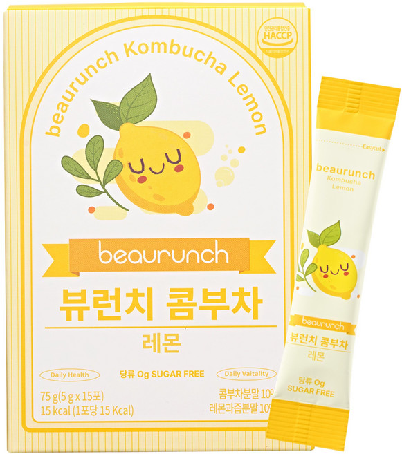 NEW 디자인 뷰런치 콤부차 레몬 / 당류 제로 / 15kcal / 제로탄산 / 다이어트 / 유산균, 1박스, 15개입, 5g