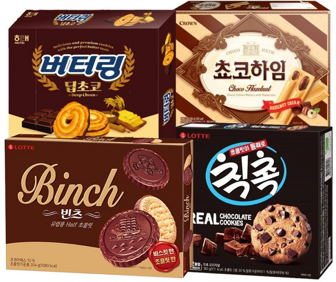 초코과자4종세트 버터링딥초코155g+초코하임284g+칙촉180g+빈츠204g/, 1세트, 823g