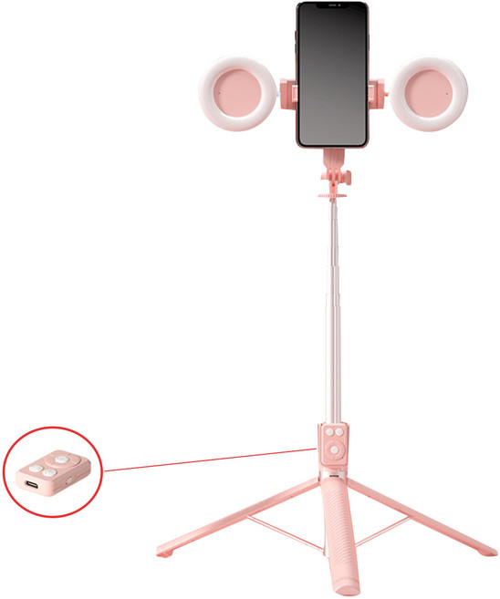 휴대폰 셀카봉170cm 롱레인지 무선 블루투스 LED 조명 올인원 삼각대 셀카봉, 핑크색, 1개