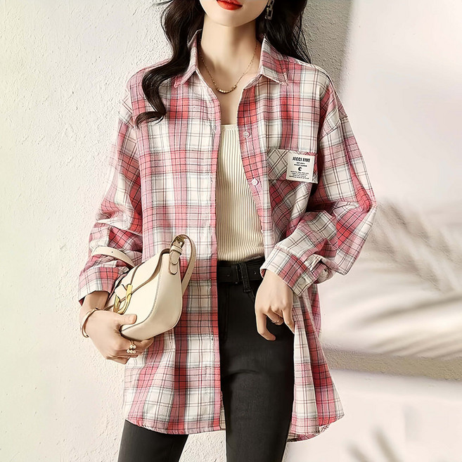 WANGBAIWAN 여성 미디 체크 긴팔 셔츠 루즈핏 세련된 남방 아우터 데일리룩 S2128