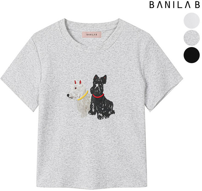 바닐라비 여성 강아지 프린팅 라운드넥 반팔 티셔츠
