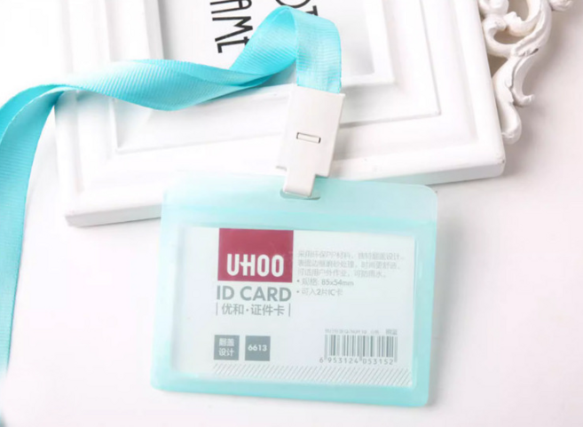 학생증 사원증케이스 목걸이줄 포함 투명 컬러, 가로형, 스모그블루